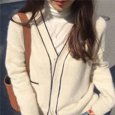 

2021 Autumn Winter Korean Knitted Cardigans Sweaters Women Long Sleeve V-neck Single-breasted Color-blocked Pocket Tops Cardigan