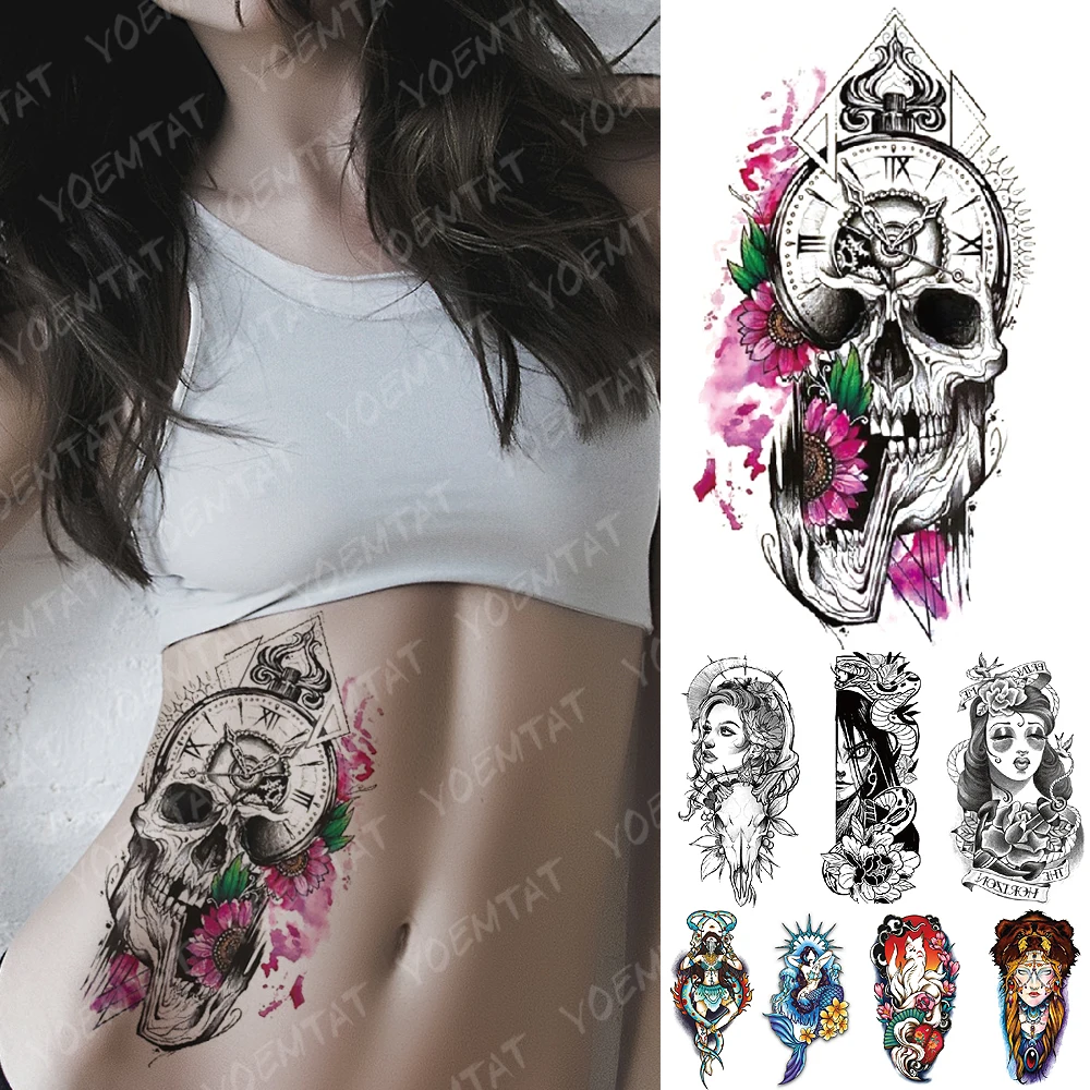 

Waterproof Temporary Tattoo Sticker Daisy Clock Skull Flash Tattoos Mermaid Fox Demon Body Art Arm Fake Sleeve Tatoo Women Men