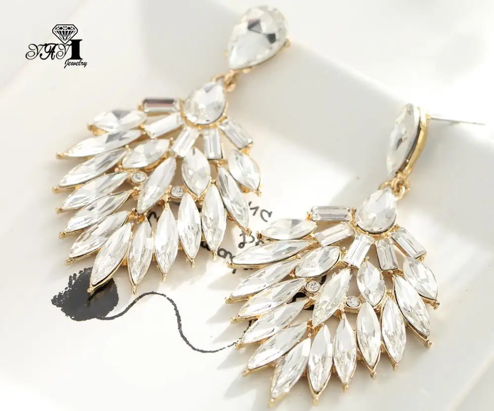 

YaYi Jewelry New White Glass Rhinestone Dangle Crystal Earring Women's Fashion Ancient Gold Pearl Color Gem Earrings Gift