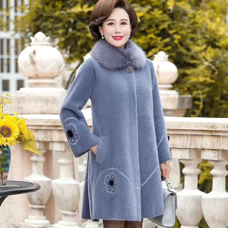 Quality Mink Fleece Jacket Autumn Winter Women's Cashmere Woolen Coat 5XL Thick Mother Top Elegant Wool Jacket