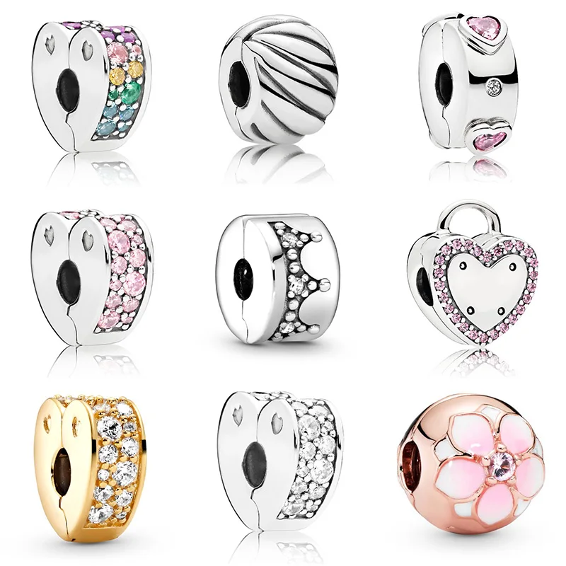 

Beads Colorful Pavé Heart Crystal Clip Stopper For Original Pandora Charms Women Bracelets & Bangles 925 Sterling Silver Jewelry