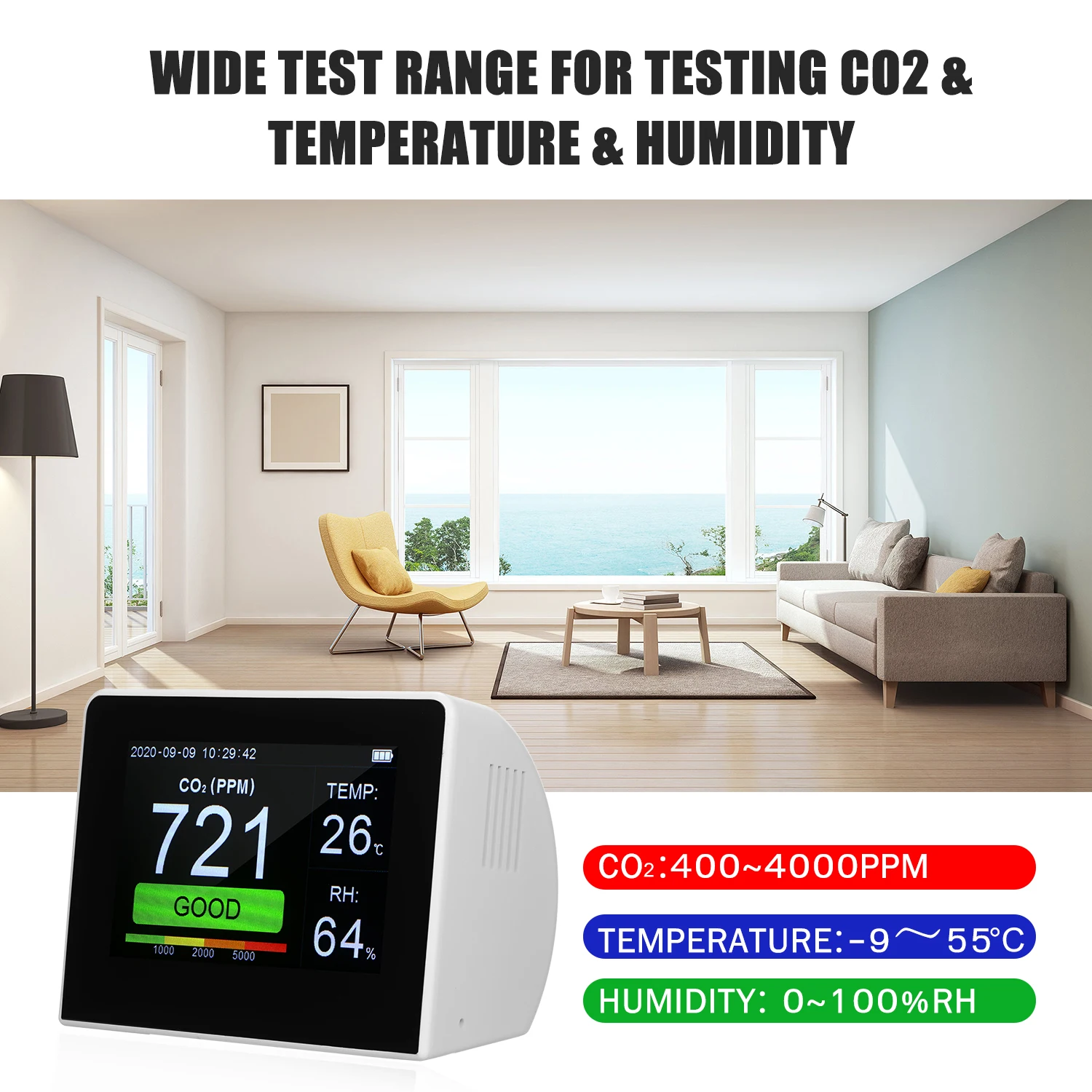 

CO2/RH/Temp. Детектор качества воздуха 3-в-1, измеритель температуры и влажности воздуха с гигротермографом и регистратором данных