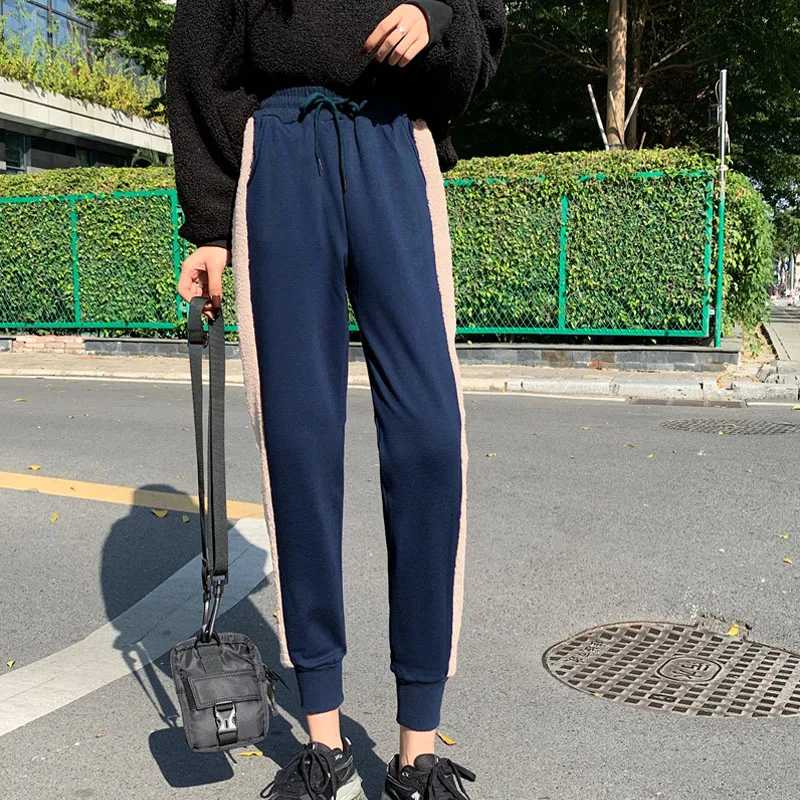 

2021 autumn winter new Korean version of pure color plus size plus cashmere pants women's lamb cashmere stitching sports pants