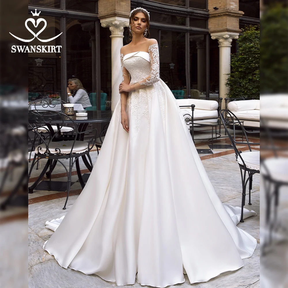 Слоновая кость Swanskirt Fashion Appliques Satin A-Line Wedding Dress Vintage Long Sleeve Court Train Bridal Gown Vestido De Noiva TZ10 - Цвет: Слоновая кость
