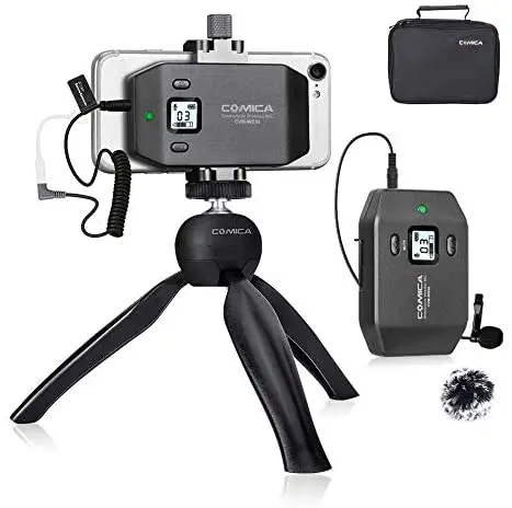 

Comica CVM-WS50(C) Professional UHF 6-Channels Phone Wireless Lavalier Microphone System with Mini Tripod, Wireless Lav Lapel