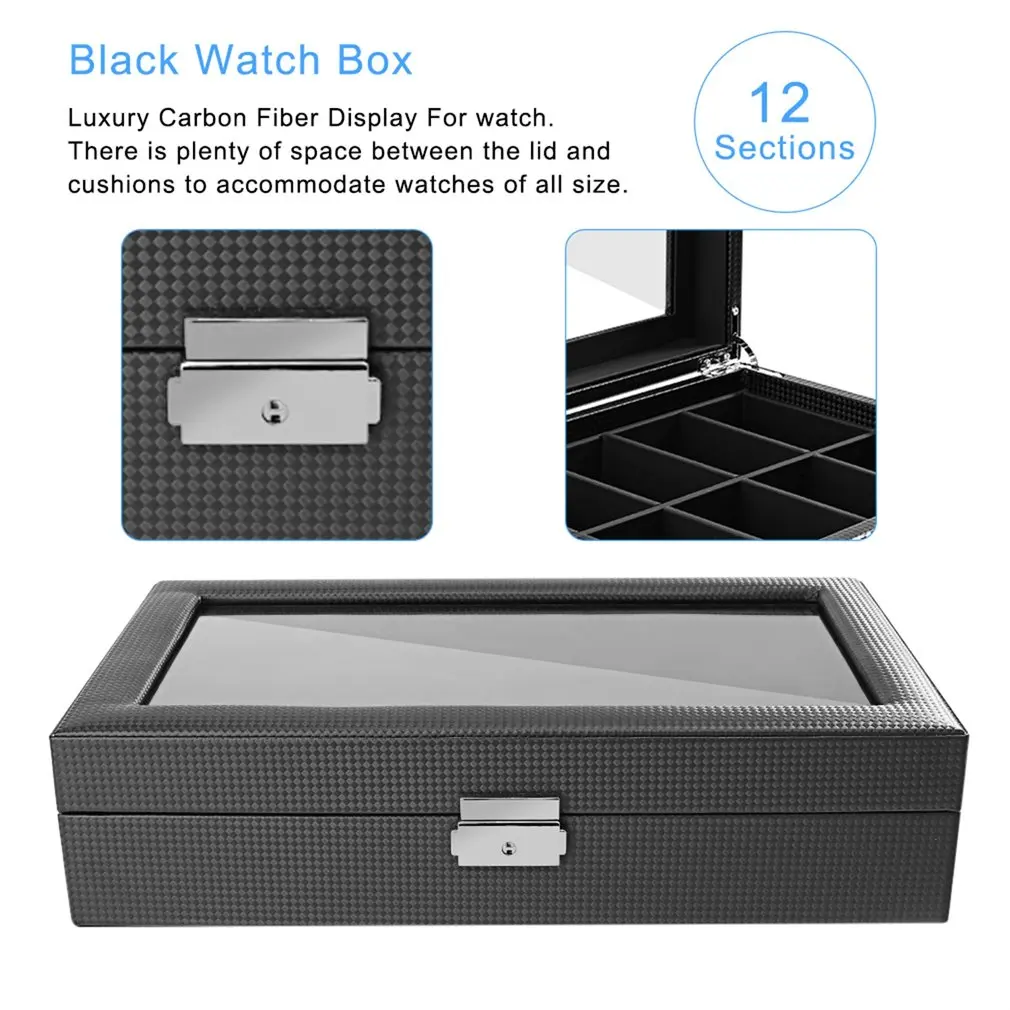 

12 Slot Luxury Carbon Fiber Watch Box Black High-Grade Watch Jewelry Display Watch Box Storage Holder