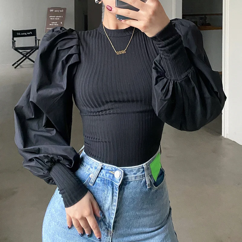 

ZOVSV Puff Sleeve Vintage Tshirt Women Black White Elegant Crop T Shirt Ladies Fashion Tee Shirt Femme Office Chic Autumn