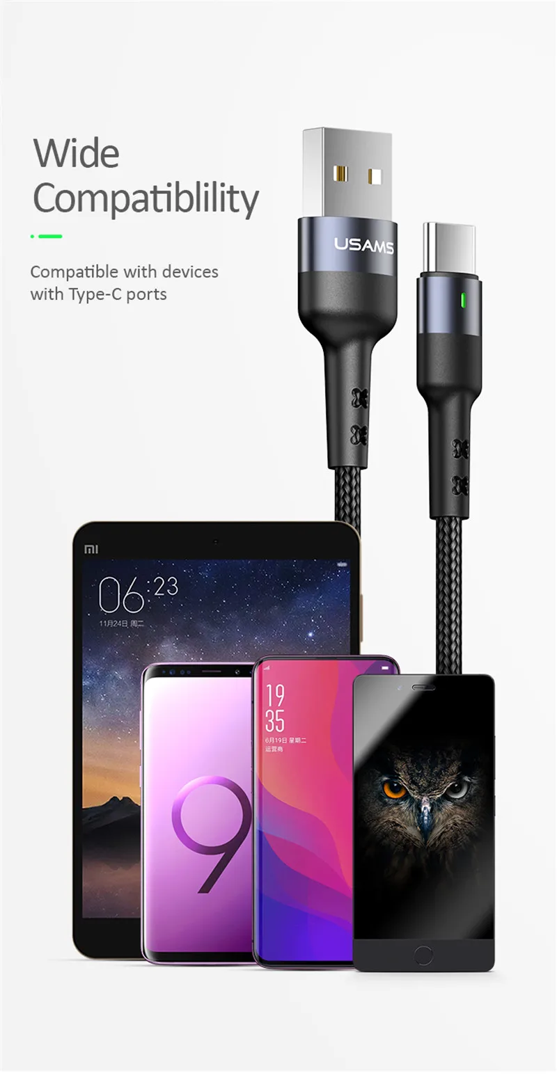 USAMS usb type C кабель 3A Быстрая зарядка провод кабель usbc для Xiaomi huawei samsung Note10 мобильный телефон светодиодный USB-C зарядное устройство кабель