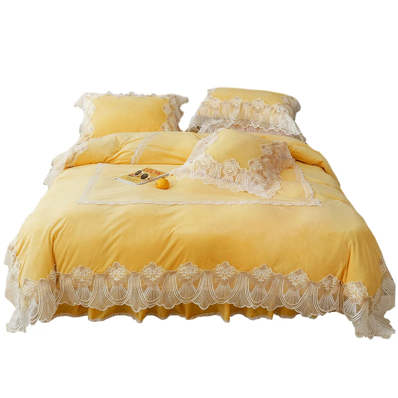 Princess Full Bedding Sets Soft Velvet Comforter European Duvet Cover Set with Lace Queen King Size Bed Yellow White | Дом и сад
