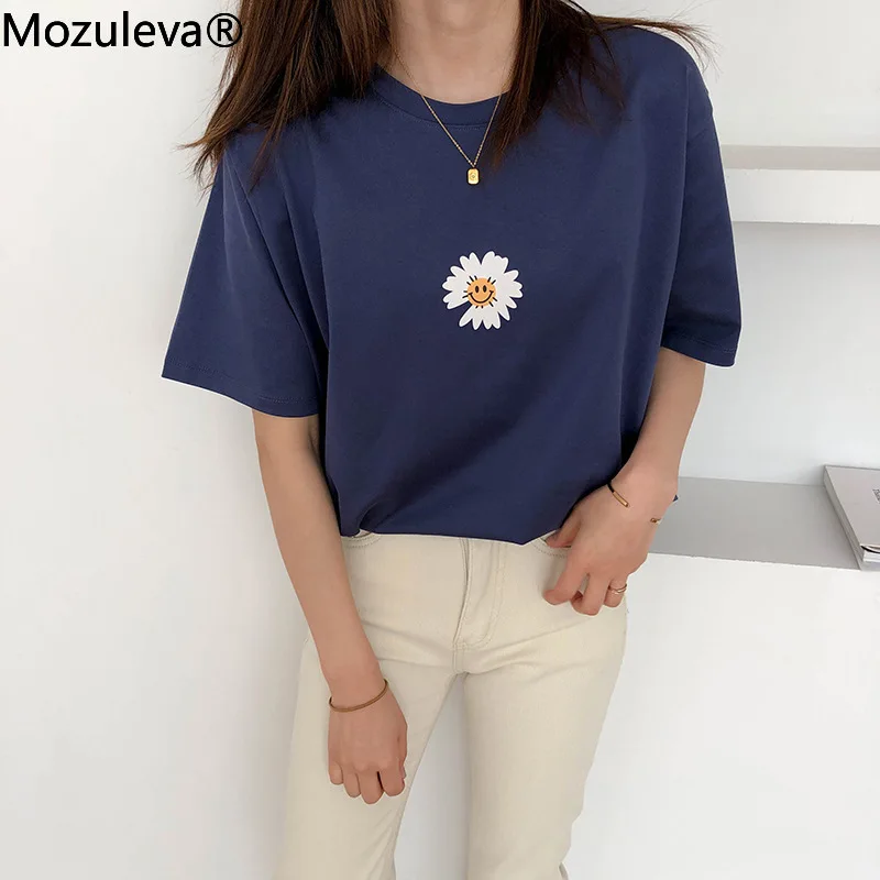 Женская хлопковая футболка с коротким рукавом и принтом смайлика 2021 | одежда