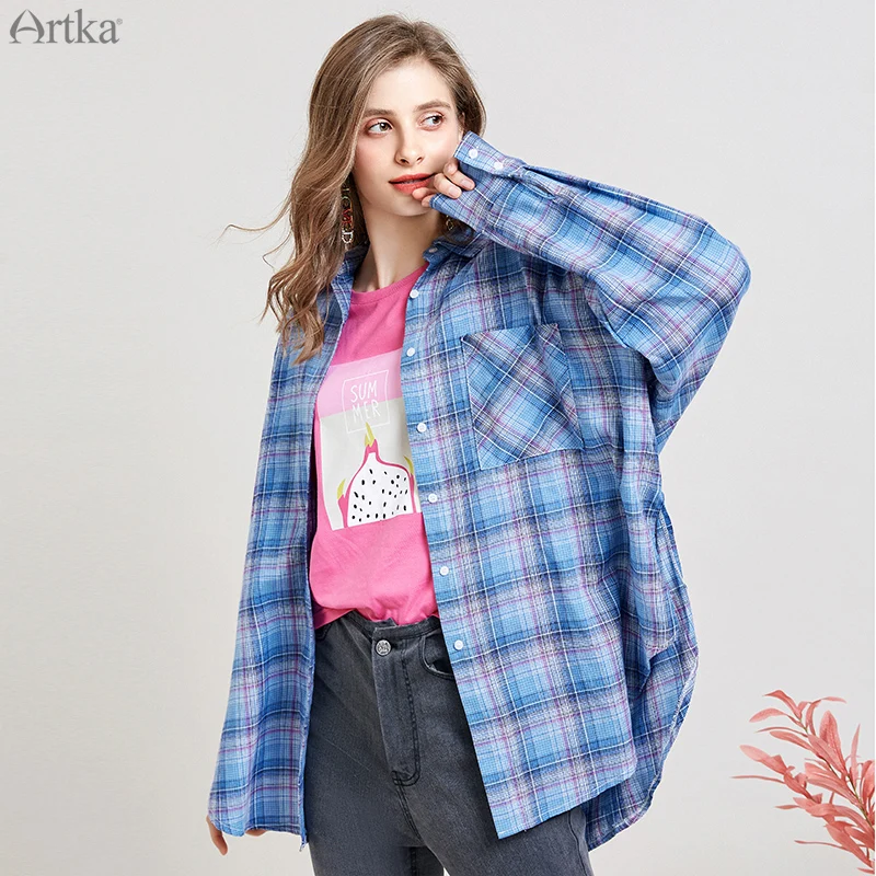 Женская винтажная клетчатая блузка ARTKA Повседневная Свободная из 100% хлопка с