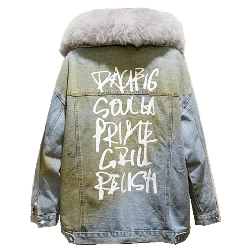 

Chic Distressed Autumn Winter Loose Denim Jacket Women Printing Warm Jean Coat 2021 New Rabbit Fur Liner Large Fur Collar Parka
