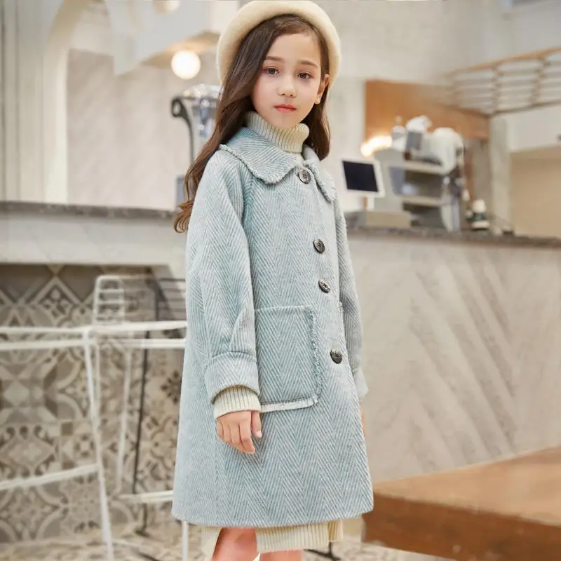 

Girls Woolen Coat Kids Autumn Winter Snowsuit Jacket Fashion Big Children's Mid-length Outerwear Girl Wool Blends Thick Coats