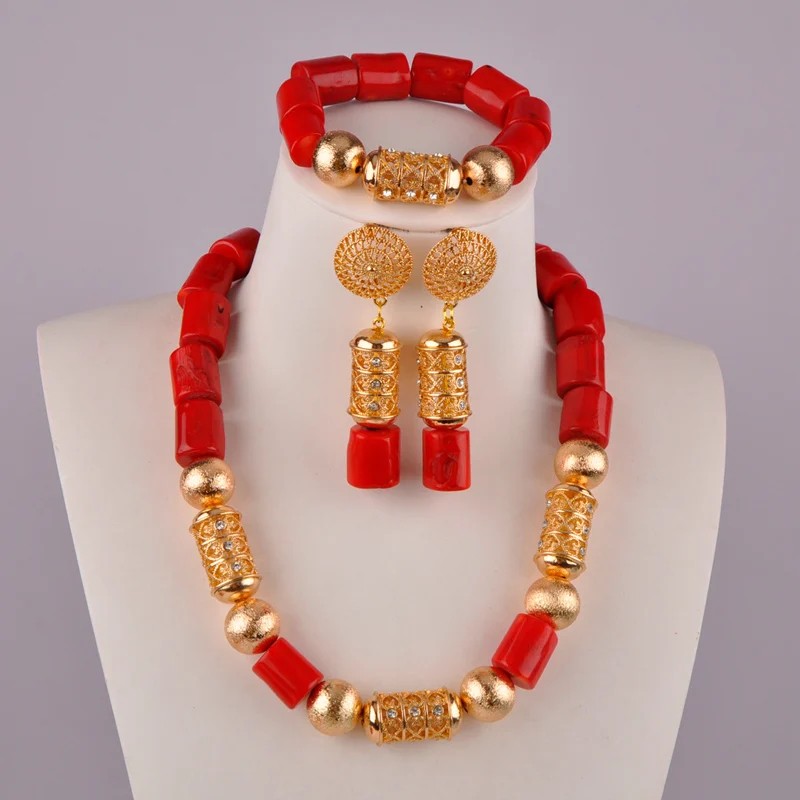 

Swell Red Nigerian Wedding Coral Beads Necklace Jewelry Set African Necklace Sets for Women C43-03