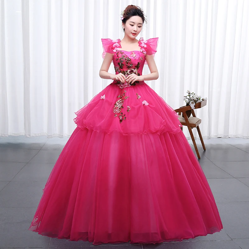 

hot pink fairy butterfly ruffled sleeve ball gown long dress vintage medieval dress Renaissance princess Victoria dress