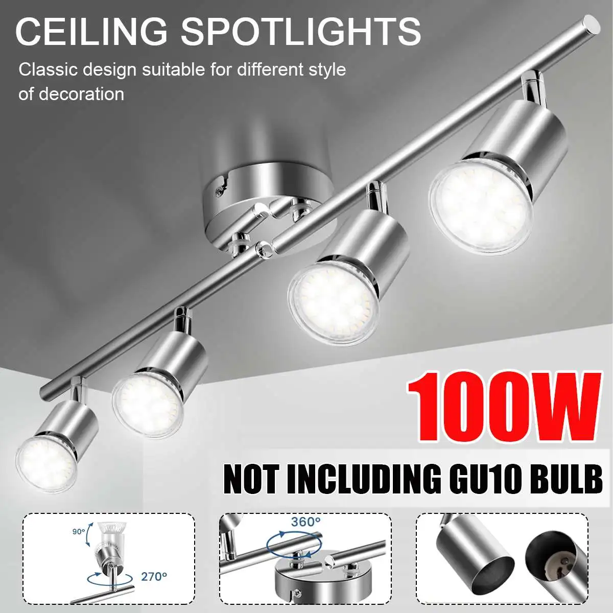 

Rotatable Kitchen Ceiling Light Angle Adjustable 4 GU10 LED Bulb bar lamp Holder Showcase Wall Living Room Cabinet Spot Lightins
