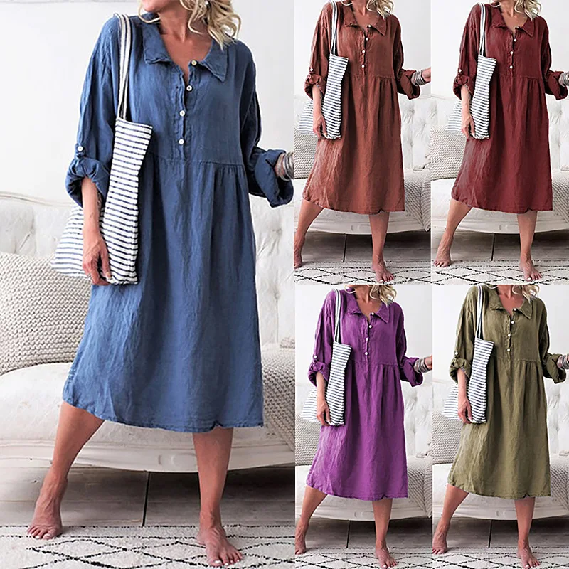 

2021 Dress Women Casual Solid Color Long Sleeve Buttons Loose Dress Women's Clothing vestidos