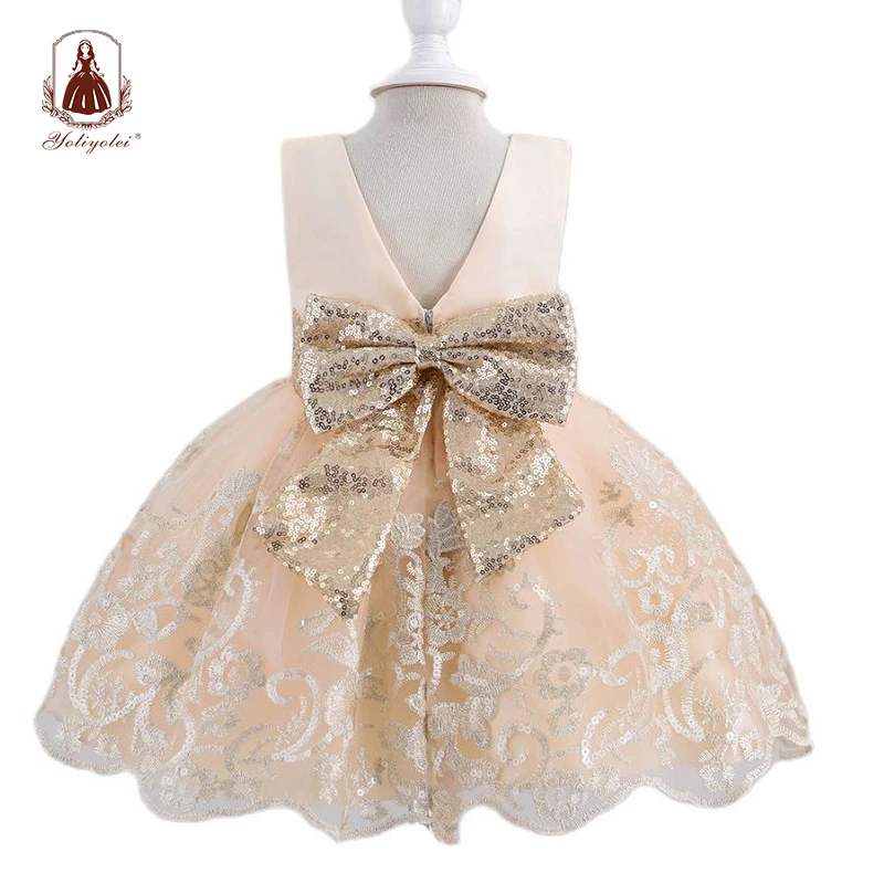 

Yoliyolei V-neck Golden Children Dress for Girl Bowknot Sequins Hollow Out Kids Cute Fashion Baby Girl Clothes for 2-8 Years