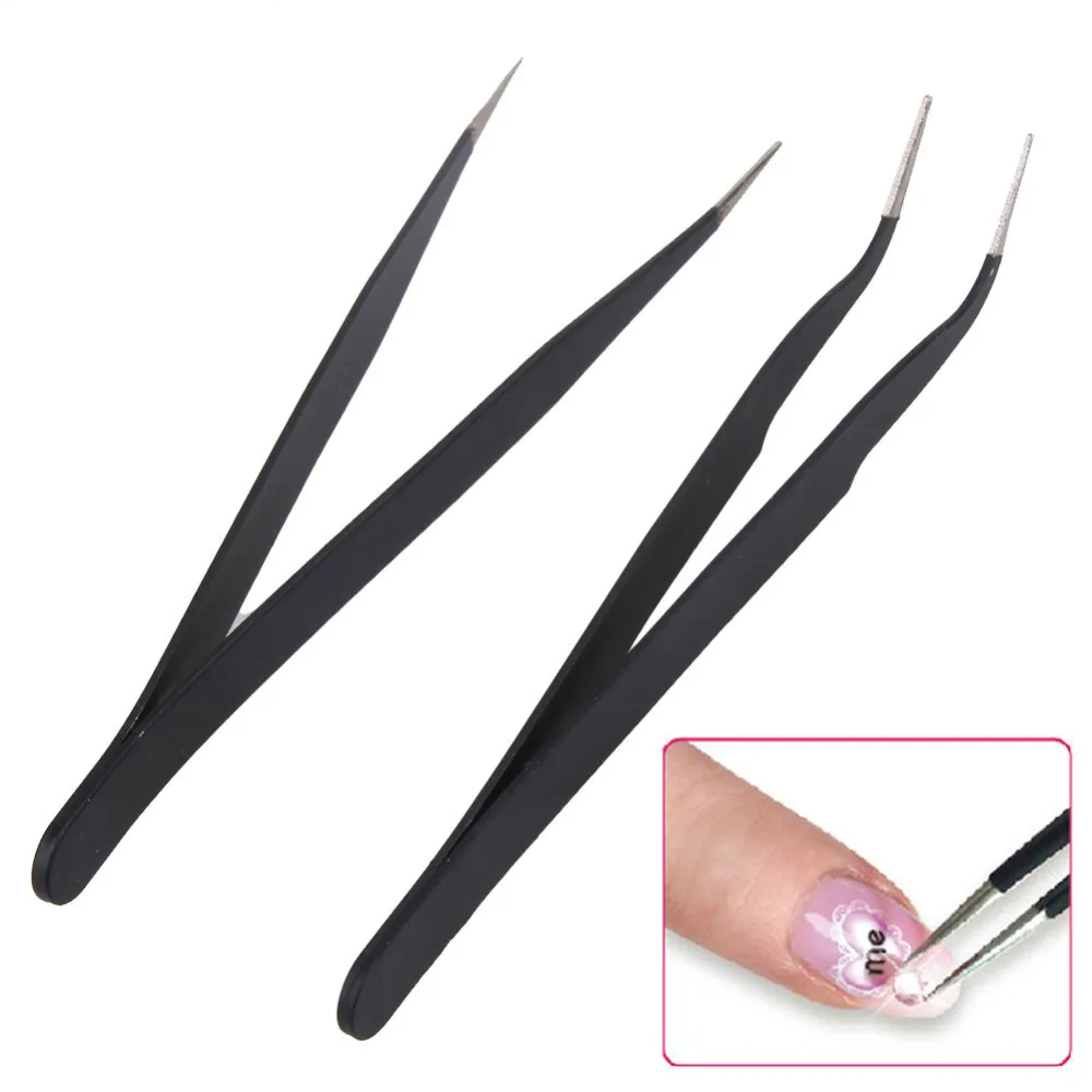 

2 Pcs Stainless Steel Elbow Antistatic Nail Tweezers Nail Rhinestone Paillette Nipper Manicure Decorations Picking Tweezer Clip