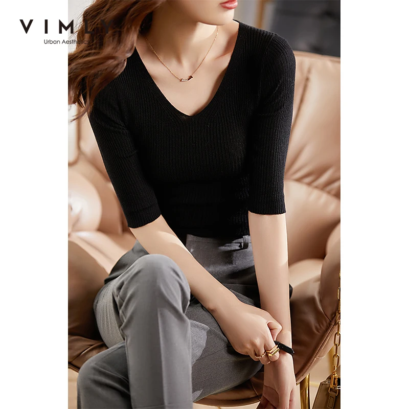 VIMLY Wool Sweater for Women 2021 Autumn Half Sleeve V-neck Slim Knitted Bottoming T-shirt Black Tops Female Clothes F8891