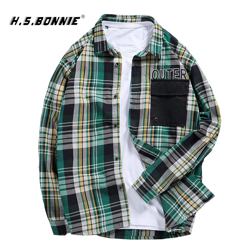 

H. S. BONNIE 2019, уличная клетчатая рубашка с длинным рукавом для мужчин, весна-осень, качественные клетчатые рубашки, новинка, хит продаж, повседн...