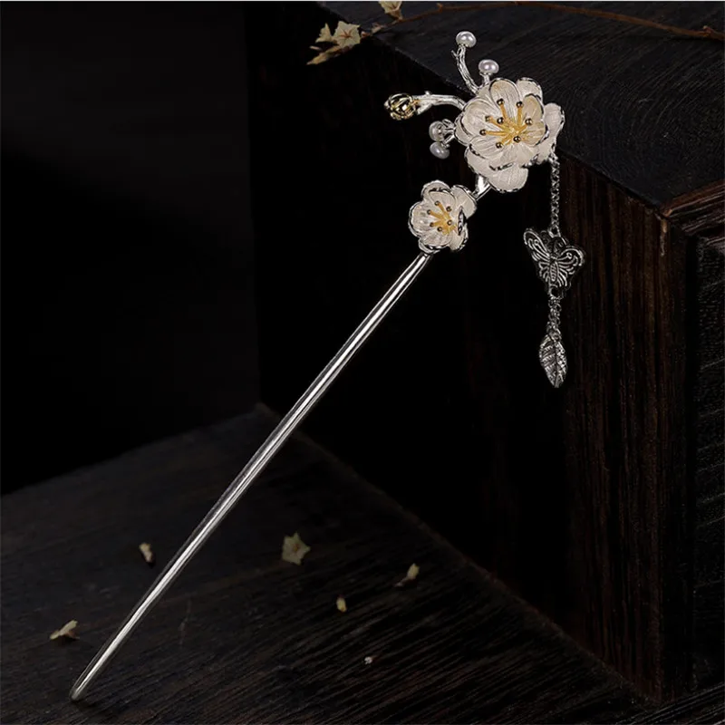 Uglyless Handmade Flowers Hair Sticks for Women Real 925 Silver Butterfly Leaves Tassels Forks Ethnic Floral Jewelry | Украшения и