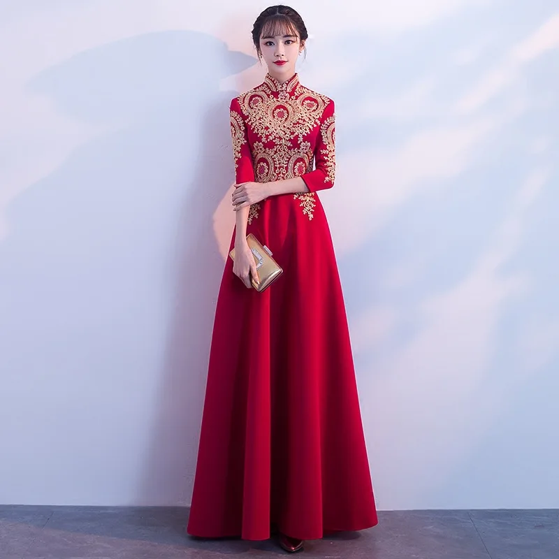 

Burgundy Embroidery Oriental Style Dresses Chinese Bride Vintage Traditional Wedding Cheongsam Dress Long Qipao Plus Size XS-3XL