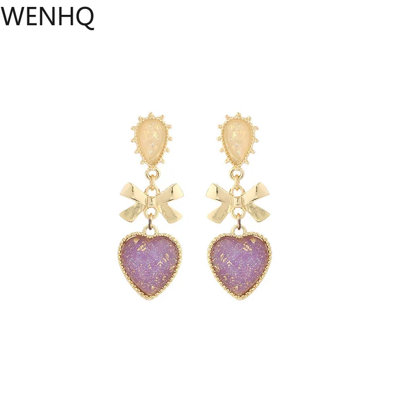 

WENHQ Новое поступление фиолетовое сердце золотого цвета Клипсы Серьги для женщин вечерние ринку свадьбу Роскошный Бант висячие серьги ювели...