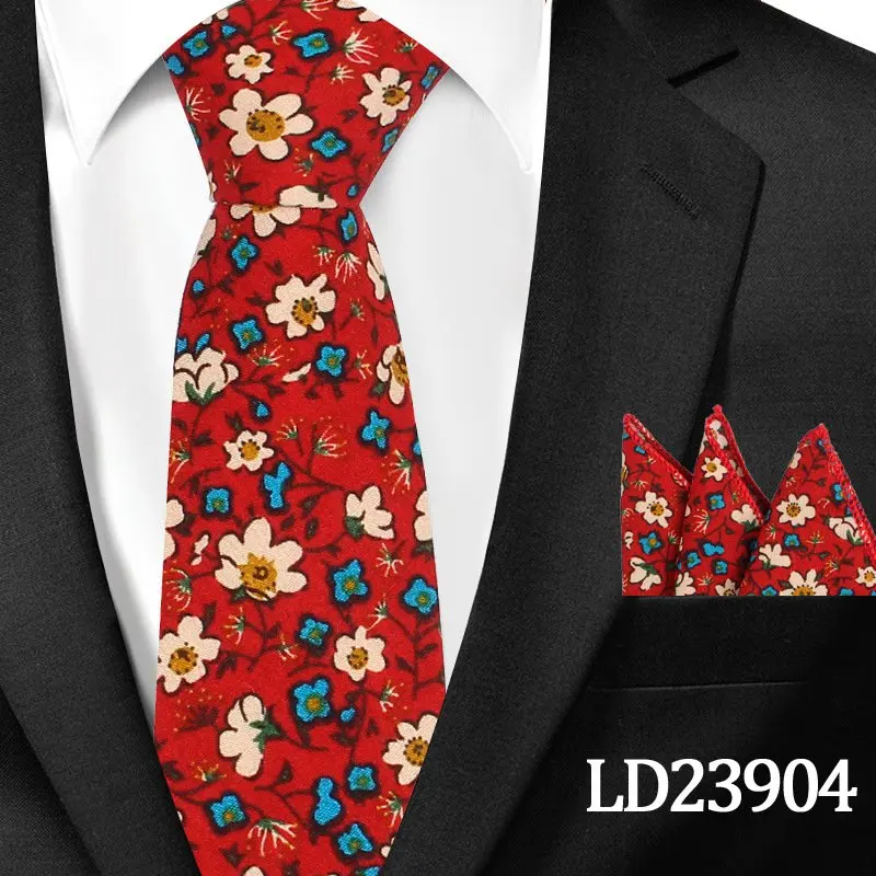 

Men Tie Cravat 2pcs/Set Cotton Print Neck Ties for Men Hanky Neckwear Colorful Floral Stitching Skinny Wedding Party Accessories