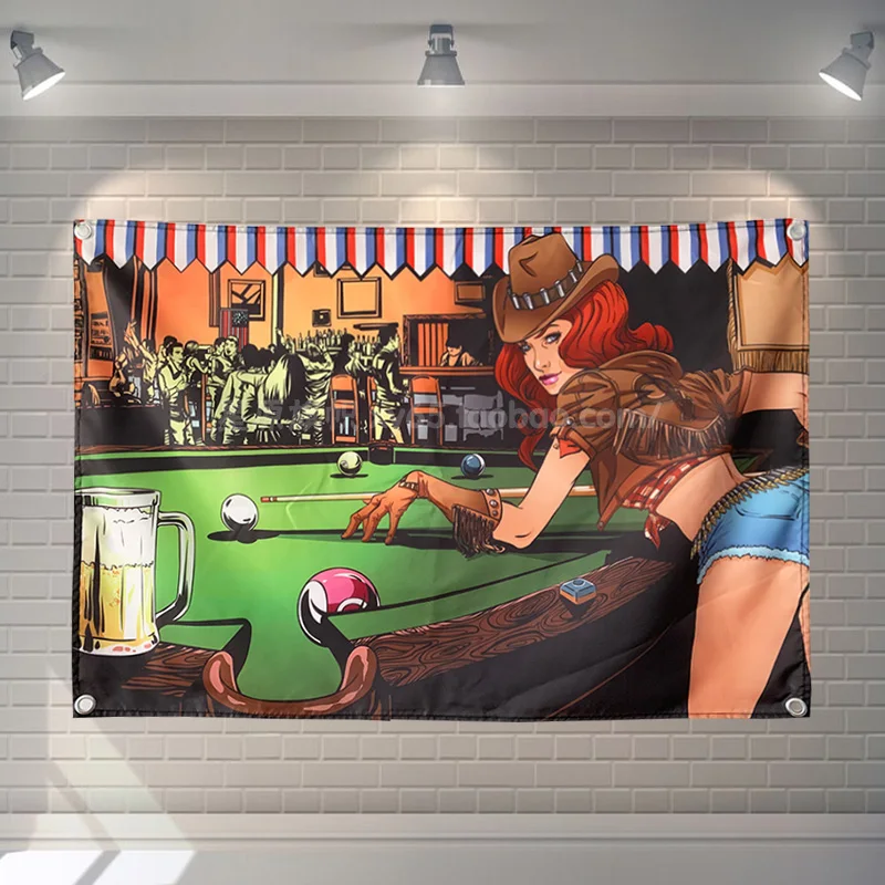 Девушка флаг в стиле биллиарда баннер мультфильм сексуальная женщина красота