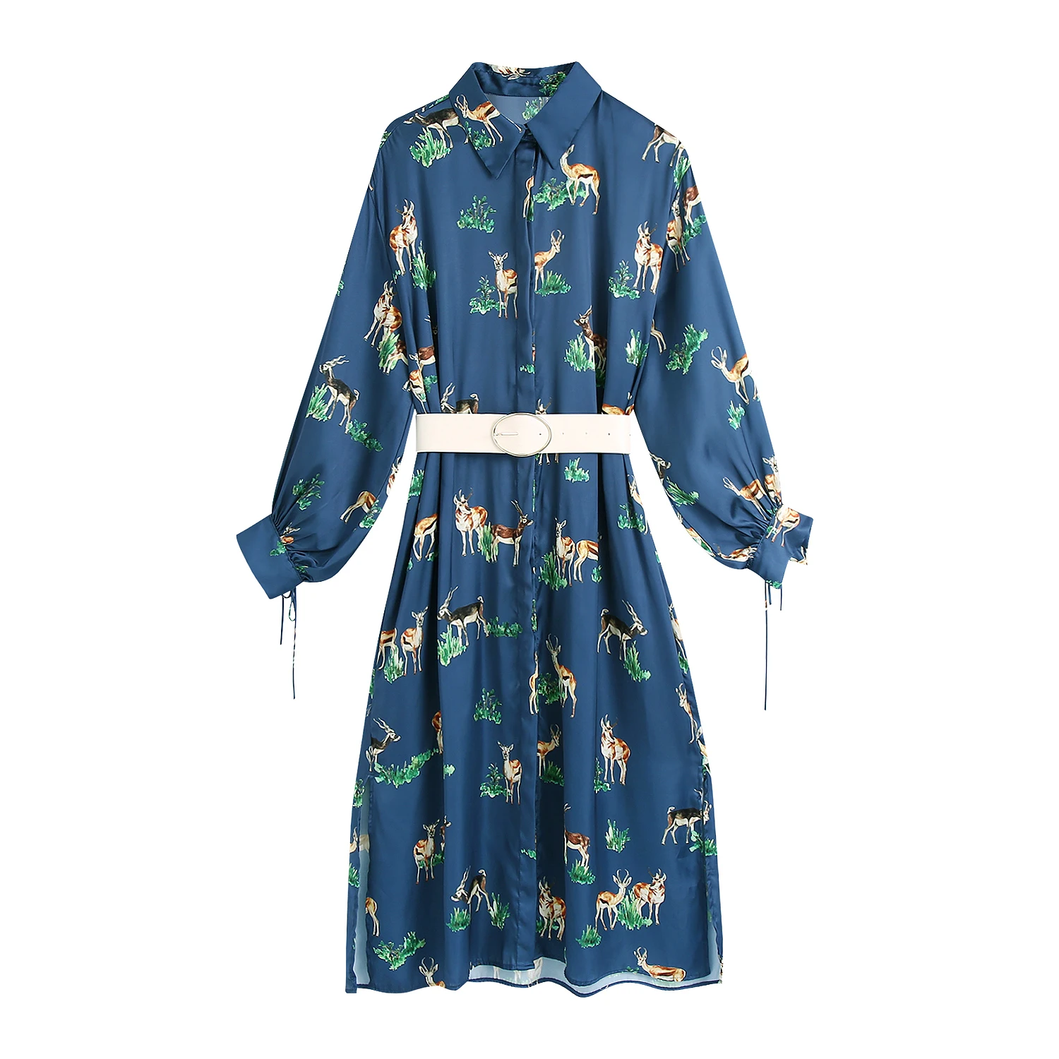 

Blue Animal Print Satin Dress Turn-Over Collar Shirt Mid Long Dress for Women with Waist Belt and Long Sleeve Cuff Front Button