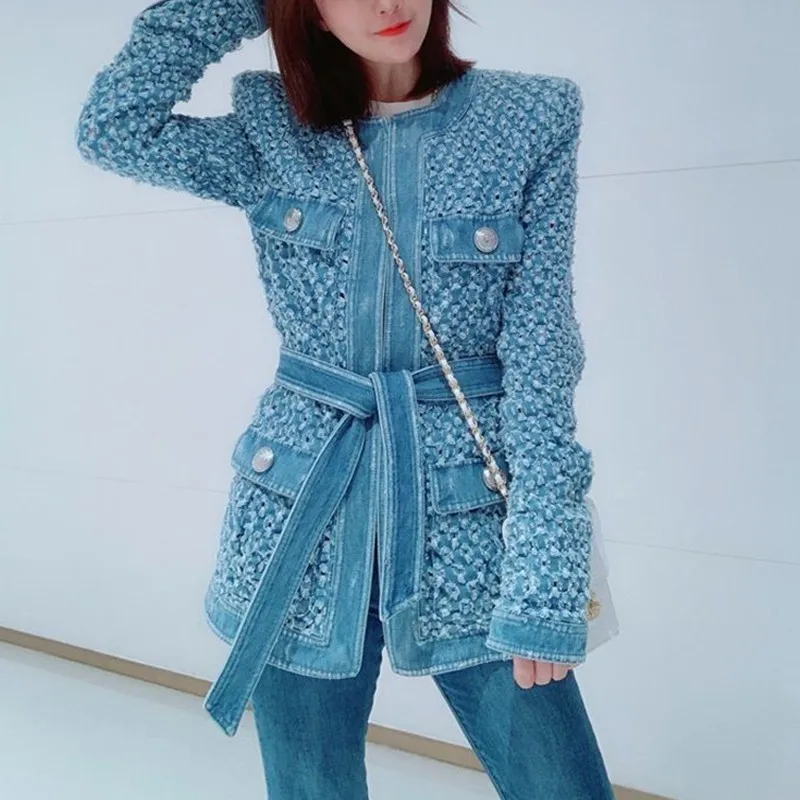 

Vintage Jean Jacket For Women With Sashes Holes Metal Buckle Pocket Denim Coat Spring Long Sleeve Casual Streetwear