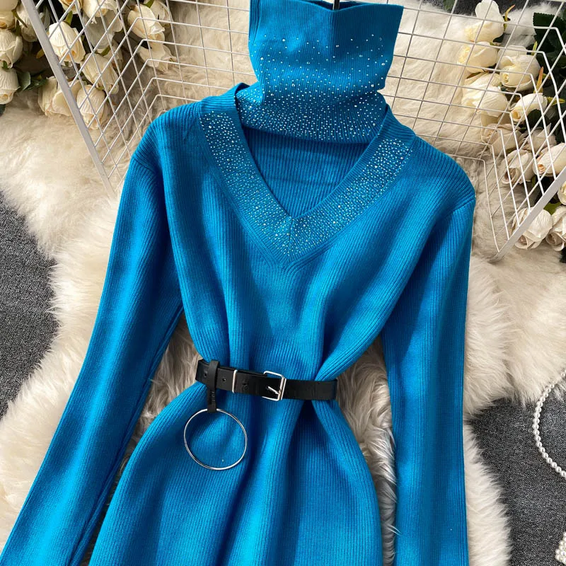 

Autumn Winter Knitted Sweaters Woman Dress 2021 Turtleneck Warm Femme Robe Pull Base Loose Casual Dresses For Women Vestidos