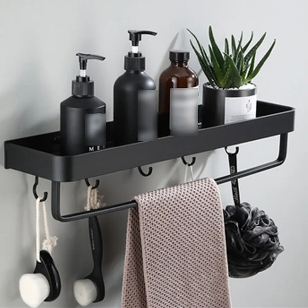 

Black Bathroom Shelf Aluminum Alloy Shower Storage Rack Holder With 4 Pcs Hooks Towel Rod Shampoo Tray Stand Bothroom Parts