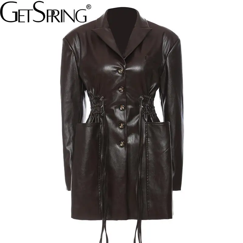 

GetSpring, женское кожаное пальто, винтажные куртки и пальто из искусственной кожи на шнуровке с большими карманами, модные женские топы в стиле ...