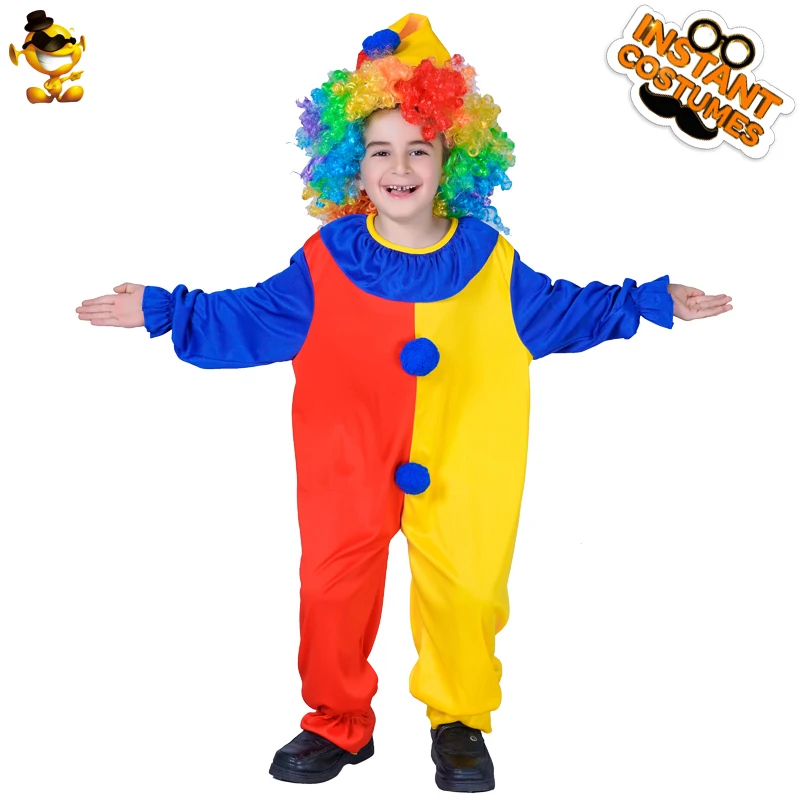 

Kids Clown Costume Circus Funny for Boys Childrens Halloween Fancy Clown Jumpsuit Cosplay Outfit with wig hat