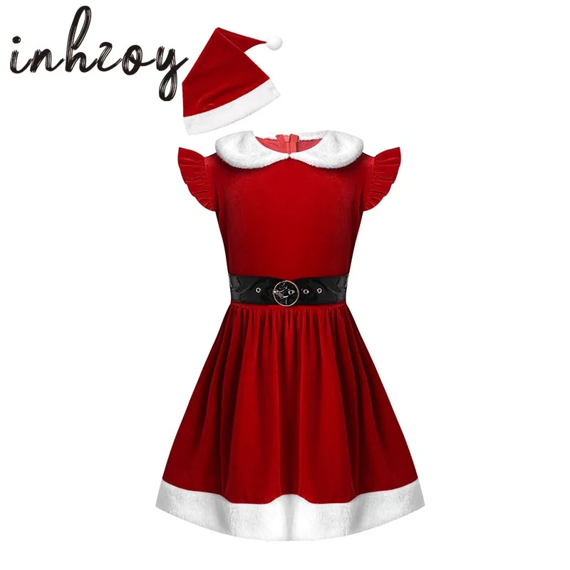 

Kids Girls Christmas Costume Sleeveless Red Velvet Dress with Hat and Waistband Sets Holiday Fancy Cosplay Party Xmas Elf Outfit
