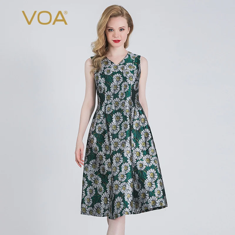 

Женское платье без рукавов VOA 44, бежевое Тканое жаккардовое платье с зеленым низом и v-образным вырезом в момме A10955