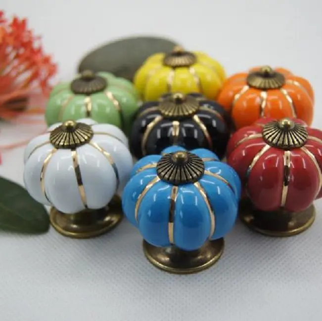 

2021 New Colorful Kitchen Ceramic Door Cabinets Cupboard Pulls Handles 1Pc Vintage Pastoralism Pumpkin Ceramic Knob Hot Sale