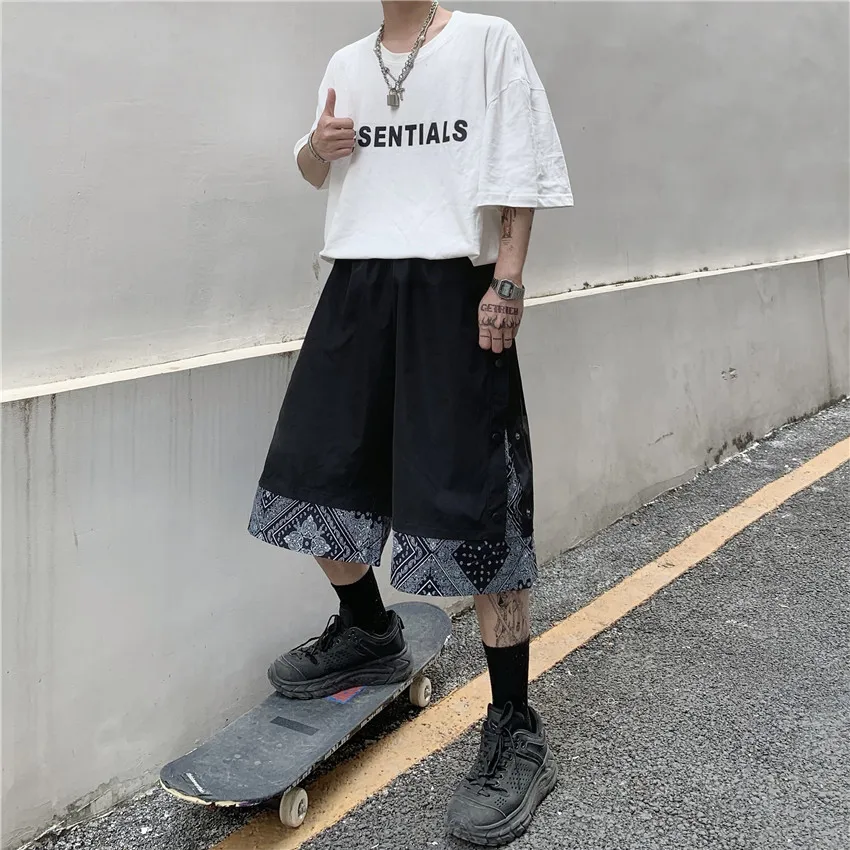 

Fashion Brand Patchwork Print Breasted Fake Two Piece Shorts for Women Clothing New Ins Hipster Straight Wide Leg Pants Summer