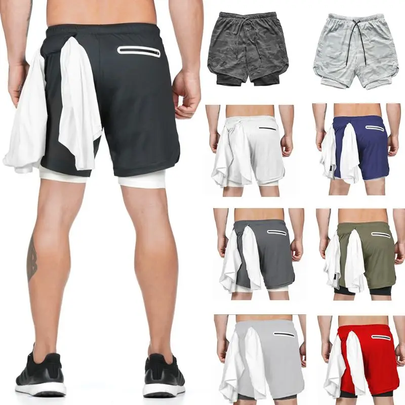 

Mens 2 In 1 Workout Running Shorts Gym Yoga Sport Compression Tights with Pocket