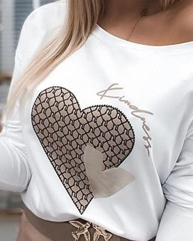 

2021 Women Summer Casual Loose T-shirt Off-the-shoulder Heart Printing Long Sleeve Tops