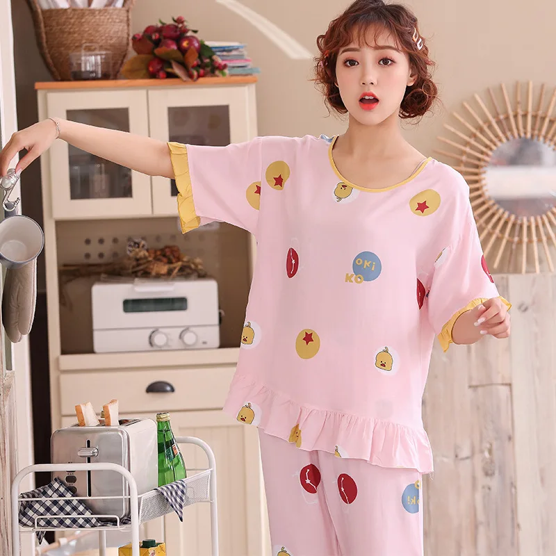 

Cotton Cute Cartoon 2PCS Sleepwear Women Pajamas Set Summer Casual Print Nightwear Bathrobe Gown Sexy Short Sleeve Sleep Set