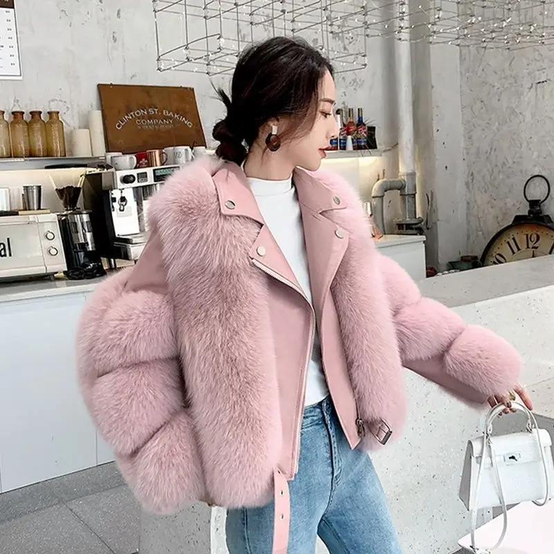 

VOLALO Winter Women PU Fox Fur Vest with Sheepskin Collar Motorcycle Gilet Biker Jacket Waistcoat Female Man-Made Fur Vest Coats