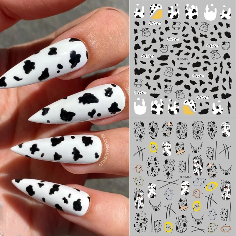 

1PC Black White Milk Cow 3D Nail Stickers Geometrics Lines Leopard Transfer Decals Sliders DIY Tips Nail Art Decorarion Wraps
