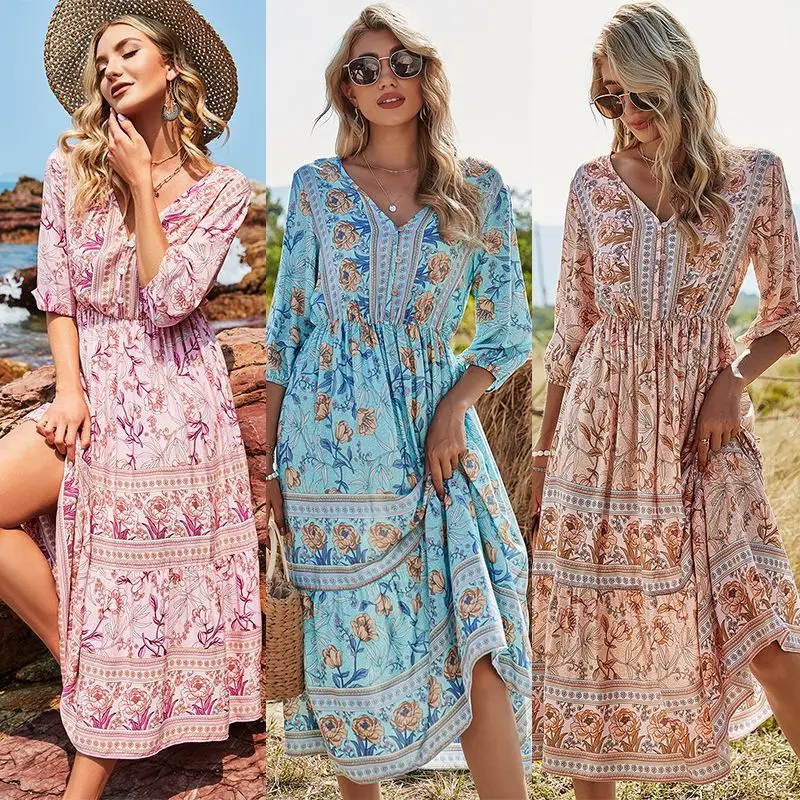 

2021 new women's summer dress V-neck high-waist bohemian print dress mid-length A-line dress women