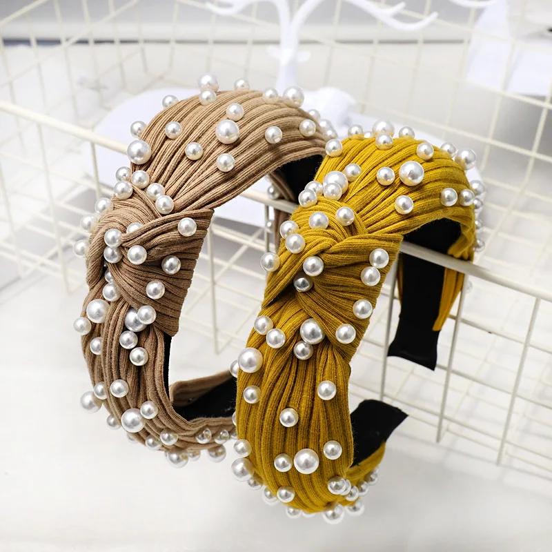 2019 винтажная Жемчужная Повязка для волос женщин вязаная повязка на голову с