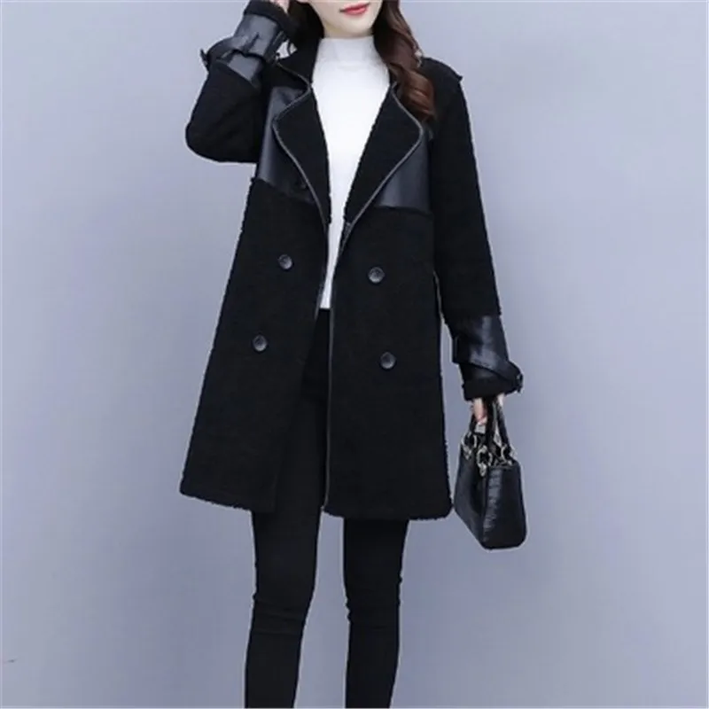 Зимняя свободная Черная куртка из искусственной кожи большого размера