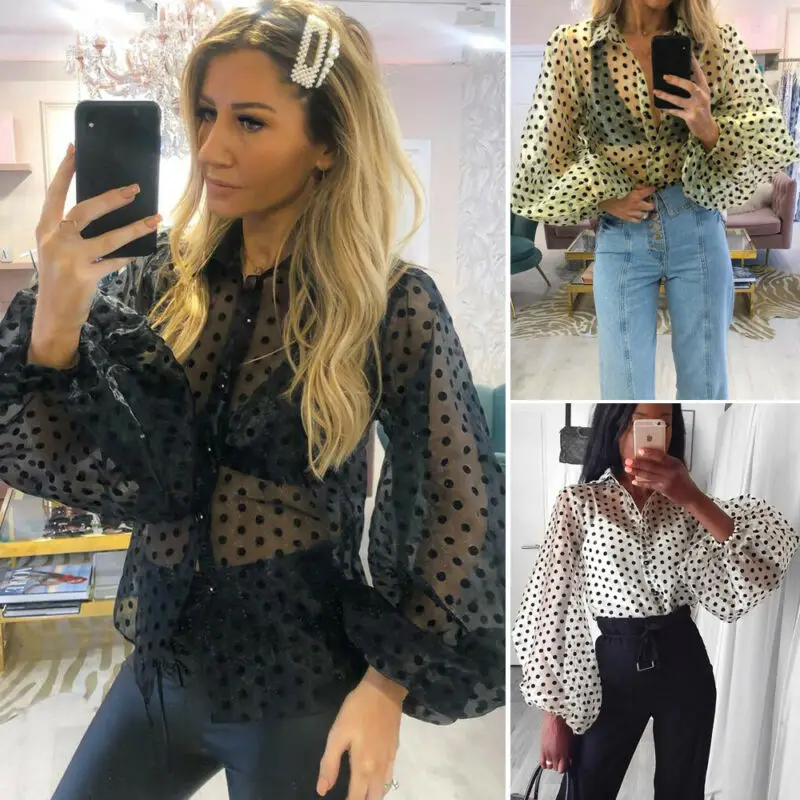 Модная женская пикантная блузка шифоновая блестящая в горошек из сетчатой ткани