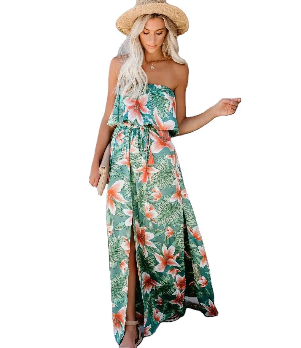 

New Tropical Rainforest Printing Edge Of The Lotus Leaf Summer Beach Long Dress Off Shoulder Evening Cocktail Party Skirt Sexy